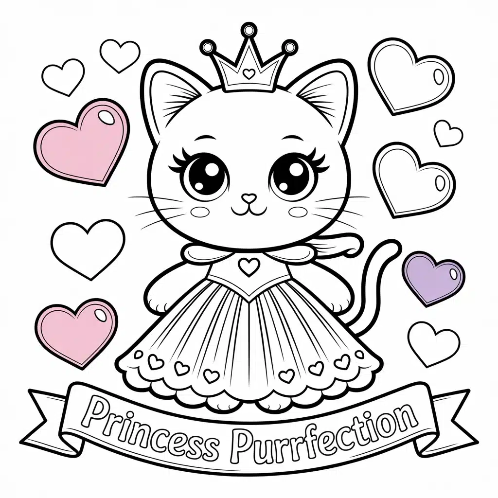 Kawaii Princess Cat Coloring Pages (Free Printables)