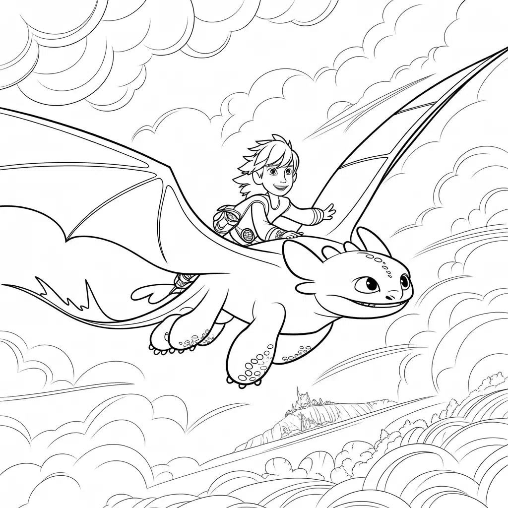 How to Train Your Dragon Hiccup and Toothless Flying Coloring Pages (Free PDF Printables)